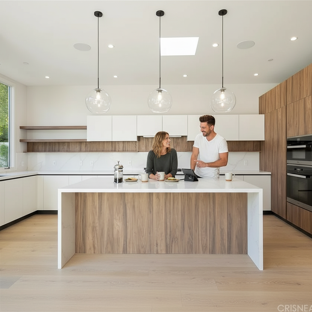 Light and airy kitchen remodel in Los Angeles with white upper cabinets, warm natural wood lower cabinetry, quartz countertops, and a waterfall island