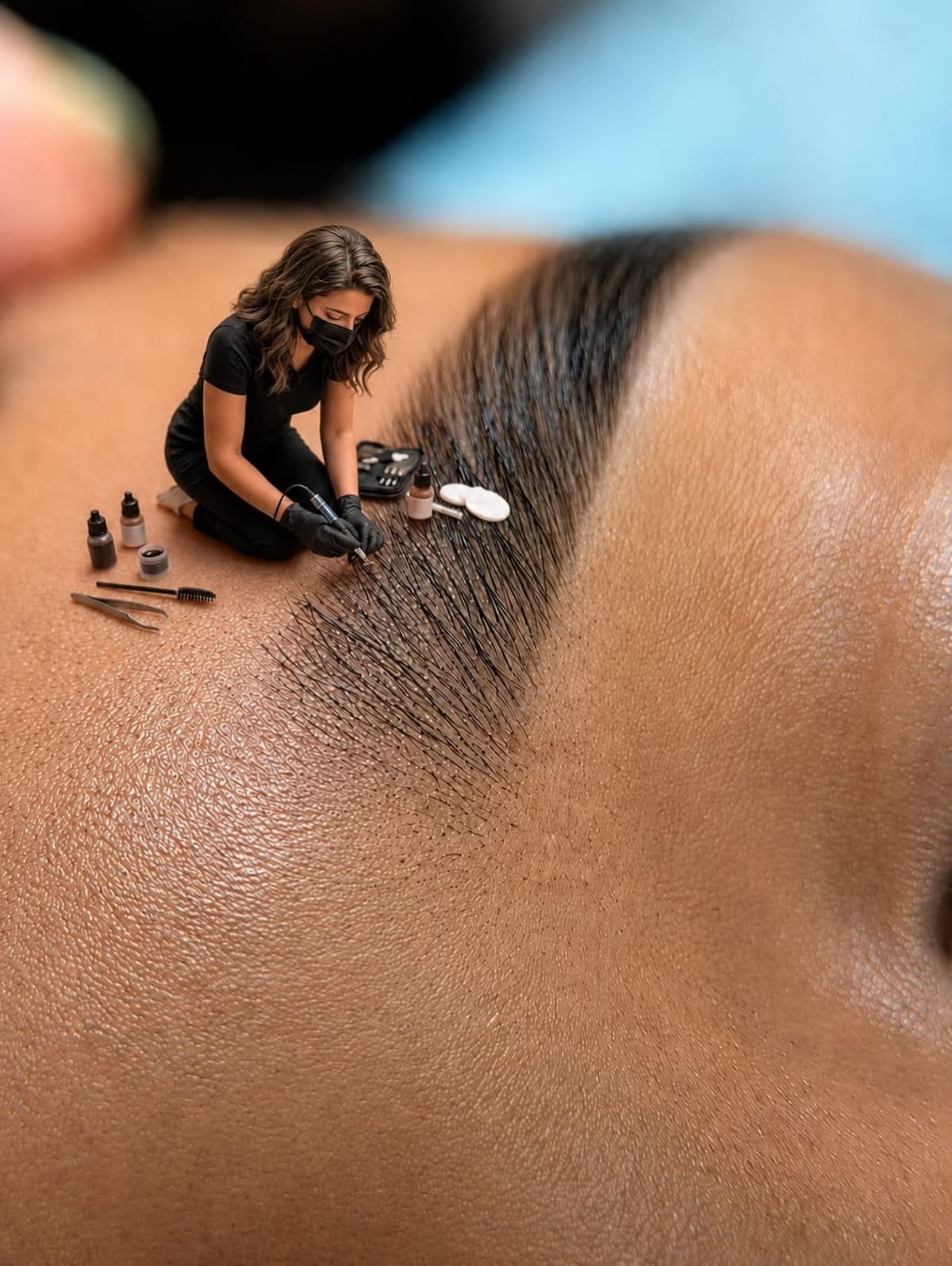 Microblading professional working with precision on eyebrow hair strokes