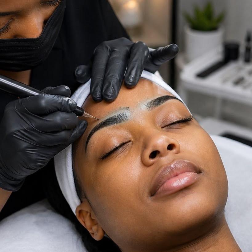 Microblading technician performing a brow treatment in a professional spa setting