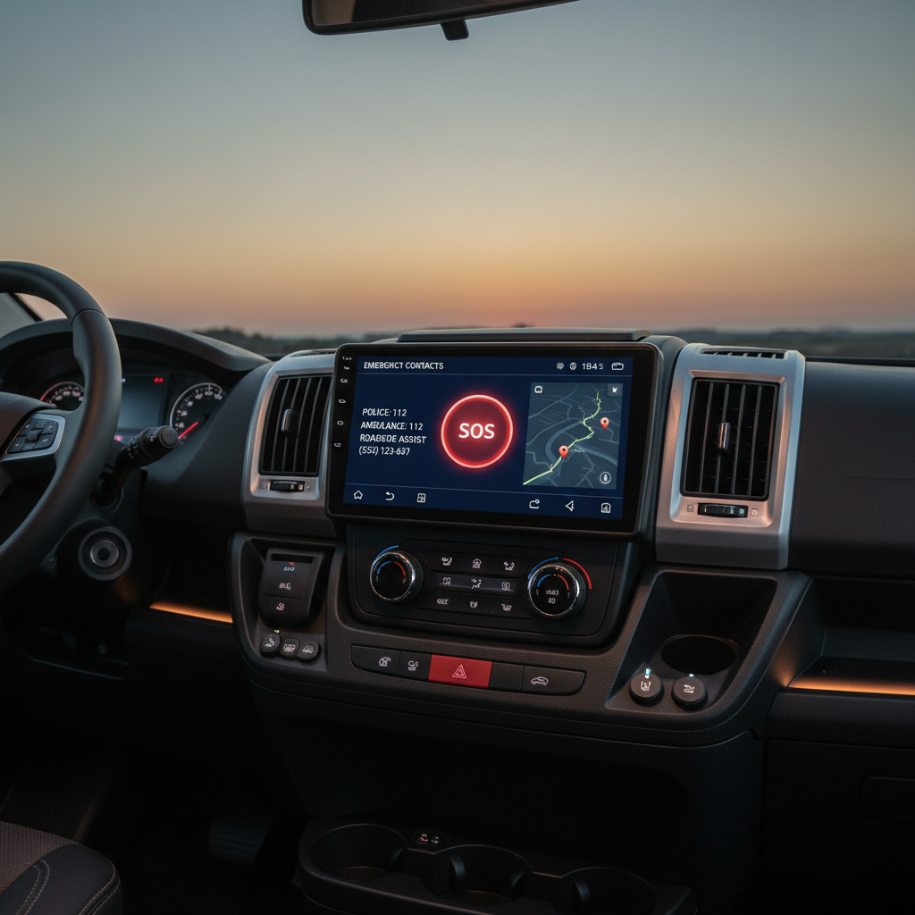 LifeLine Europe running on an Android vehicle head unit in a motorhome dashboard