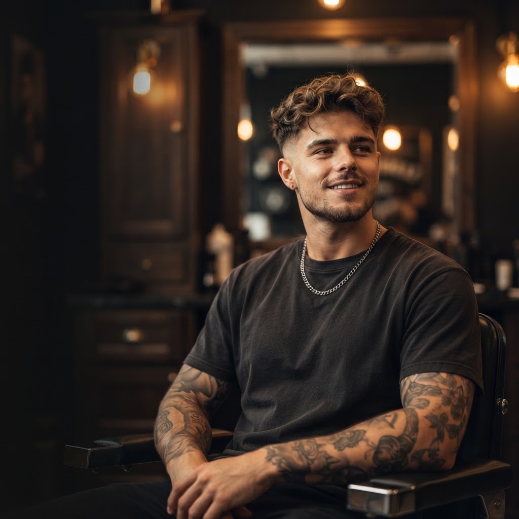 Kunde med frisk klip i barbershop