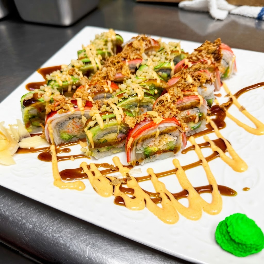 Crunchy Combo — 20 pieces — imitation crab stick, crab salad, avocado, cucumber, fried onion, spicy mayo, sushi sauce, tempura crunch | Sarah Sushi Sushi Combos