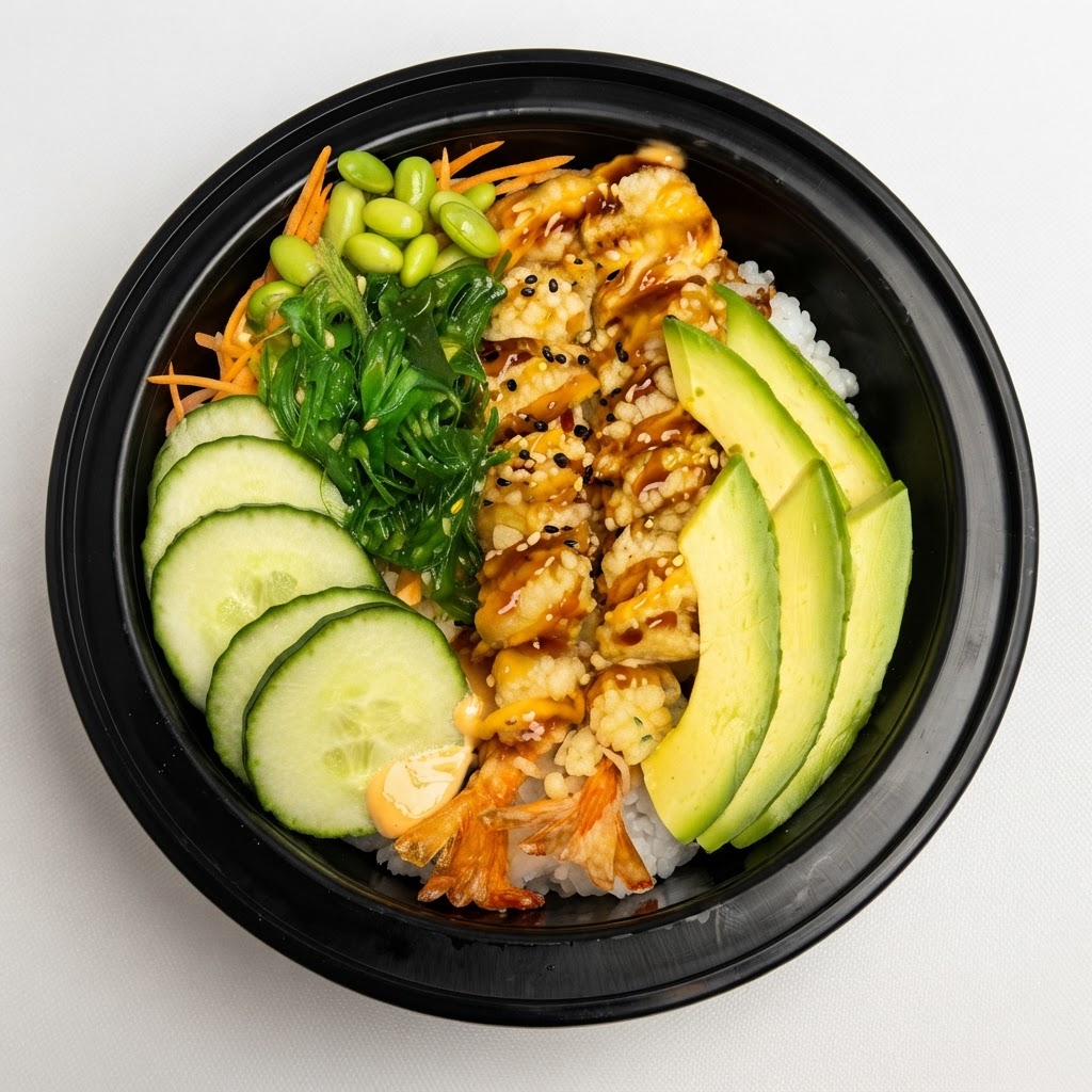 Shrimp Tempura Bowl — Sushi rice, tempura shrimp, carrot, cucumber, avocado, sesame seed, spicy mayo, sushi sauce, seaweed salad | Sarah Sushi Bowls & Poke