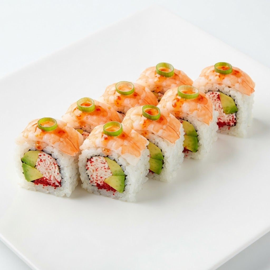 Tropical Tiger Roll — Imitation crab salad, shrimp, cucumber, avocado, sweet chili sauce | Sarah Sushi Specialty Rolls