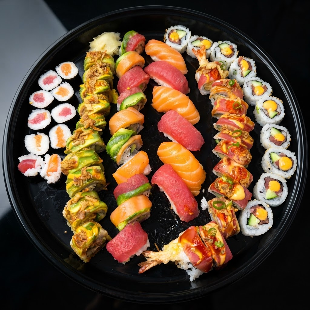 Ocean Platter — 56 pieces — 10 Rainbow, 10 Tuna & Salmon Maki, 10 Tasty Garden Roll, 10 Golden Dragon, 10 Spicy Tuna/Salmon, 6 Nigiri | Sarah Sushi Platters