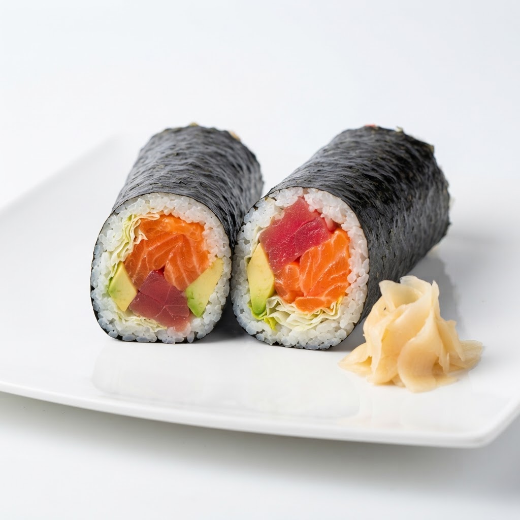 Happy Ocean Burrito — Tuna, salmon, sushi rice, avocado, cucumber, carrot, lettuce, spicy mayo | Sarah Sushi Sushi Wraps & Burritos