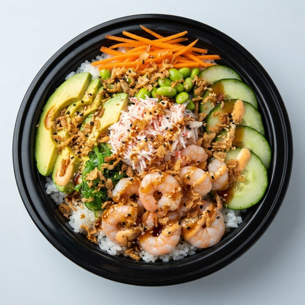 Crab & Shrimp Poke Bowl — Sushi rice, edamame, imitation crab salad, shrimp salad, carrot, avocado, cucumber, seaweed salad, poke glaze, sushi sauce, spicy mayo, fried onion | Sarah Sushi Bowls & Poke