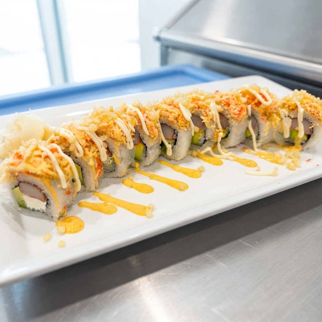 Crunchy Crab Salad Roll — Imitation crab stick, crab salad, cream cheese, avocado, spicy mayo, sushi sauce, tempura crunch | Sarah Sushi Specialty Rolls