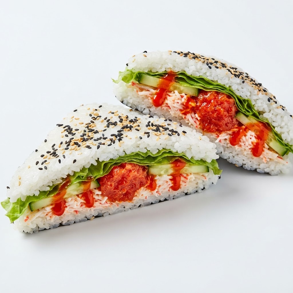 Spicy Sandwich — Imitation crab salad, rice, avocado, cucumber, green leaf lettuce, spicy mayo, sriracha (option: shrimp) | Sarah Sushi Sushi Sandwich