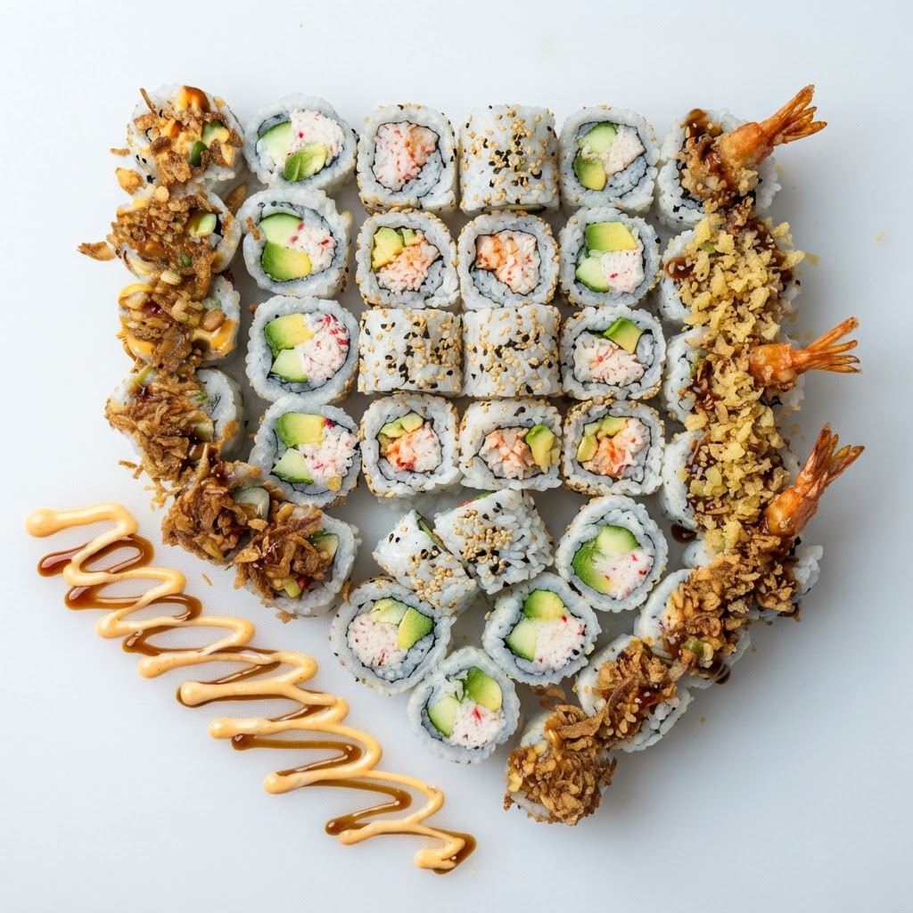 Family Platter Cooked — 30 pieces — 10 Golden Crispy, 10 Tempura Shrimp, 5 California, 5 Spicy California | Sarah Sushi Platters