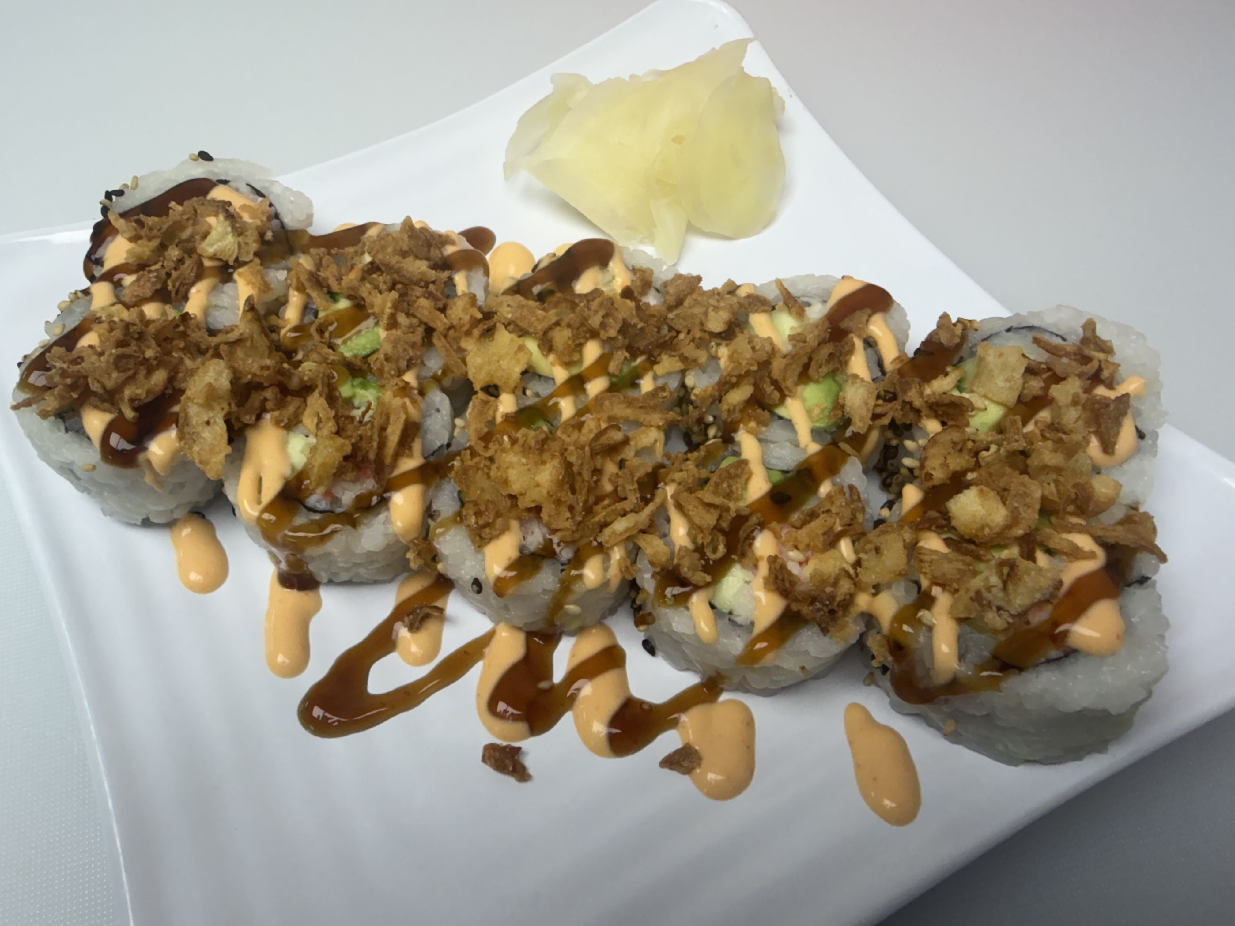 Golden Crispy Roll — Imitation crab salad, avocado, cucumber, fried onion, spicy mayo, sushi sauce | Sarah Sushi Standard Rolls