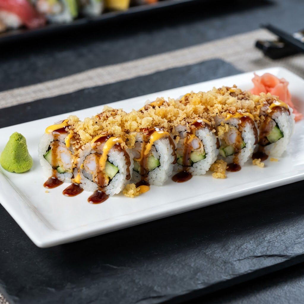 Shrimp Crunchy Roll — Shrimp salad, avocado, cucumber, tempura crunch, spicy mayo, sushi sauce | Sarah Sushi Standard Rolls