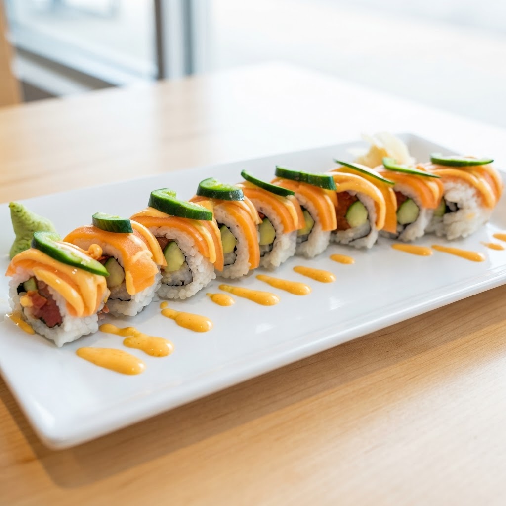 Golden Alaska Roll — Tuna, salmon, cucumber, jalapeño, spicy mayo | Sarah Sushi Specialty Rolls
