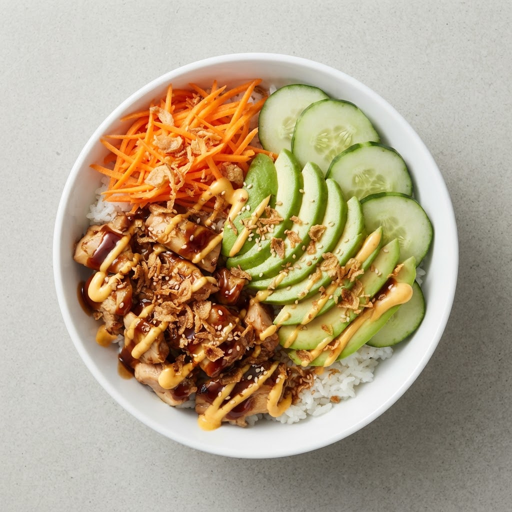 Chicken Teriyaki Bowl — Sushi rice, grilled teriyaki chicken, carrot, cucumber, avocado, sesame seed, spicy mayo, teriyaki sauce | Sarah Sushi Bowls & Poke