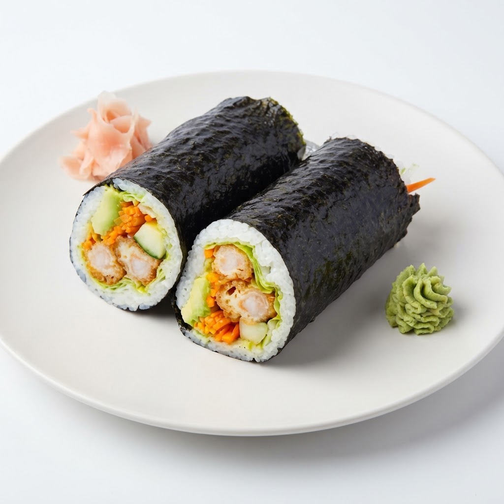 Crunchy Tempura Shrimp Burrito — Tempura shrimp, sushi rice, lettuce, avocado, carrot, cucumber, sushi sauce | Sarah Sushi Sushi Wraps & Burritos