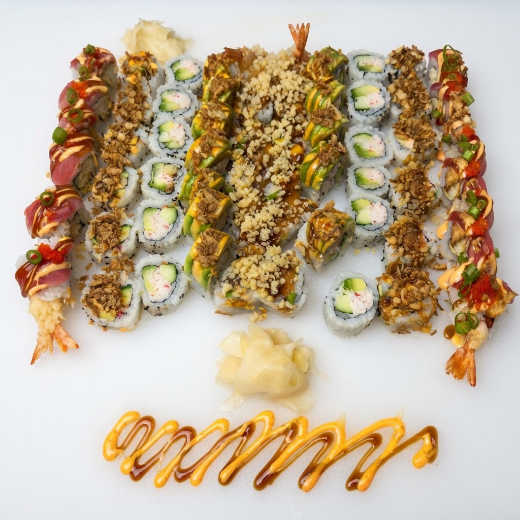 Crunchy Platter — 50 pieces — 10 Crunchy Caterpillar, 10 Tasty Garden, 10 Philadelphia, 10 Tempura Shrimp, 10 Golden Crispy | Sarah Sushi Platters