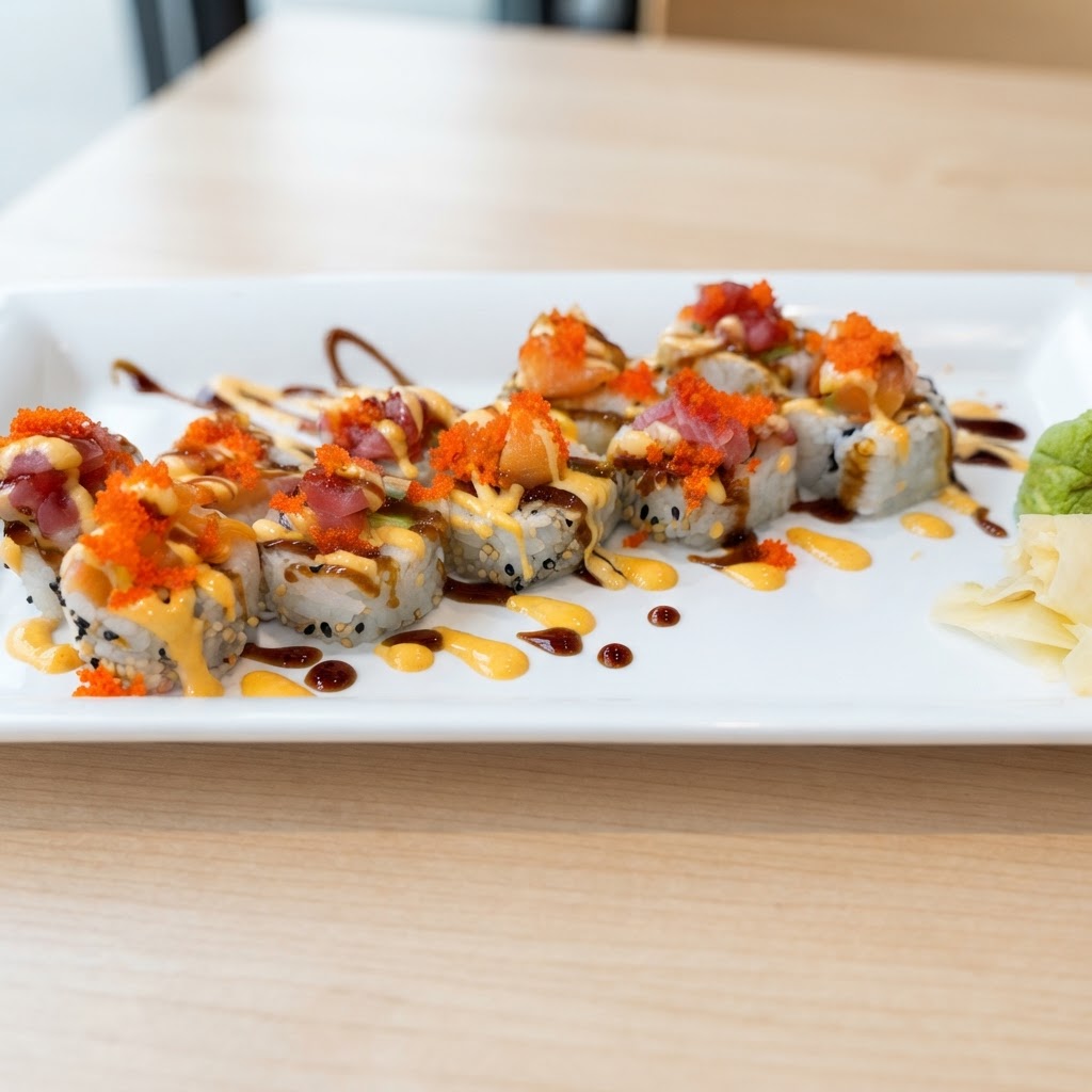 Golden Sunset Roll — Imitation crab salad, salmon, tuna, avocado, masago, spicy mayo, sushi sauce, sesame seed | Sarah Sushi Specialty Rolls