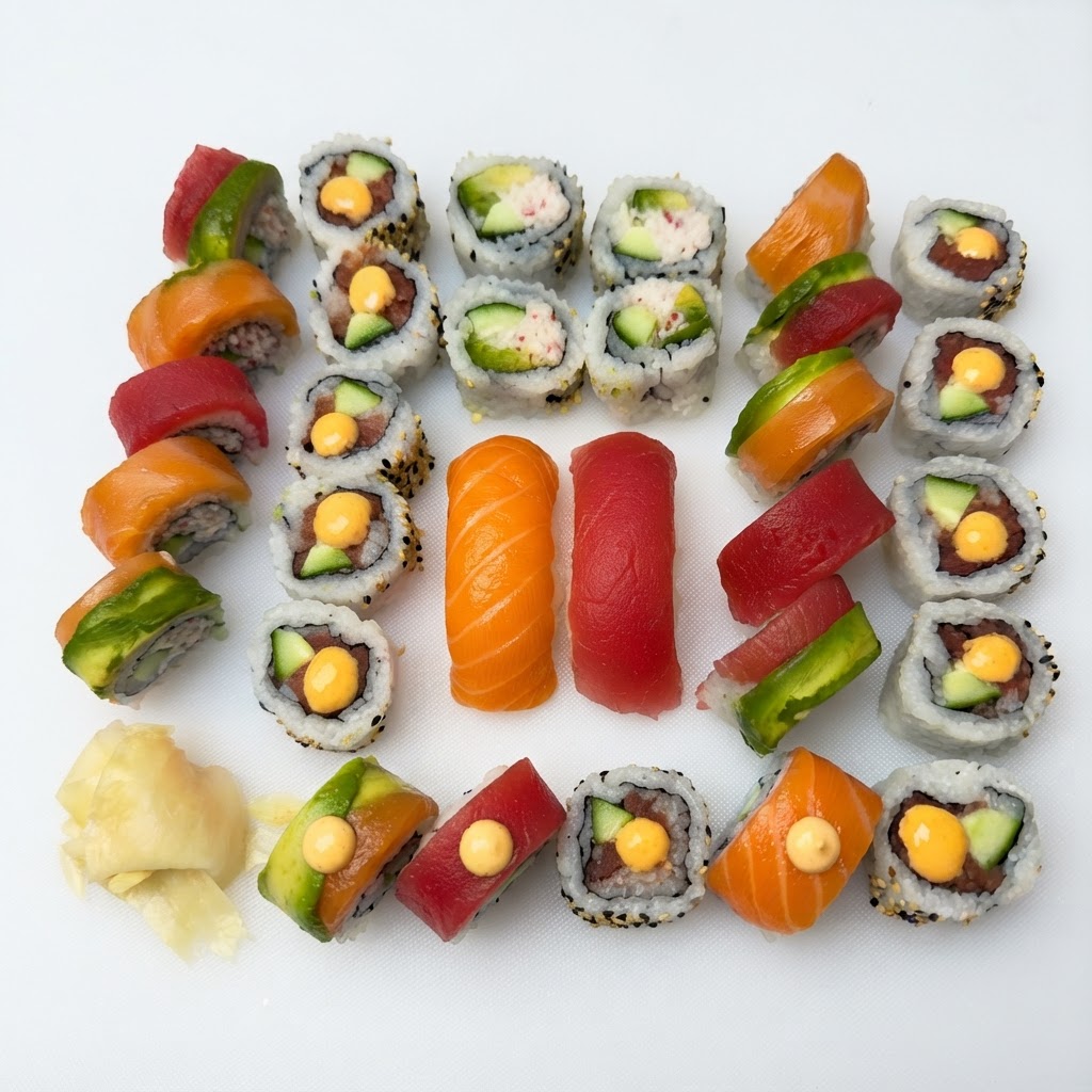 Family Platter Raw — 26 pieces — 10 Rainbow, 10 Spicy tuna or salmon, 4 Crispy, 2 Nigiri | Sarah Sushi Platters