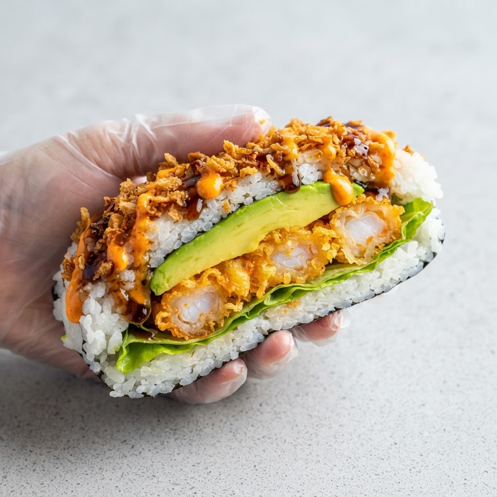 Crunchy Sandwich — Tempura shrimp, rice, avocado, cucumber, green leaf lettuce, spicy mayo, sushi sauce, tempura crunch | Sarah Sushi Sushi Sandwich