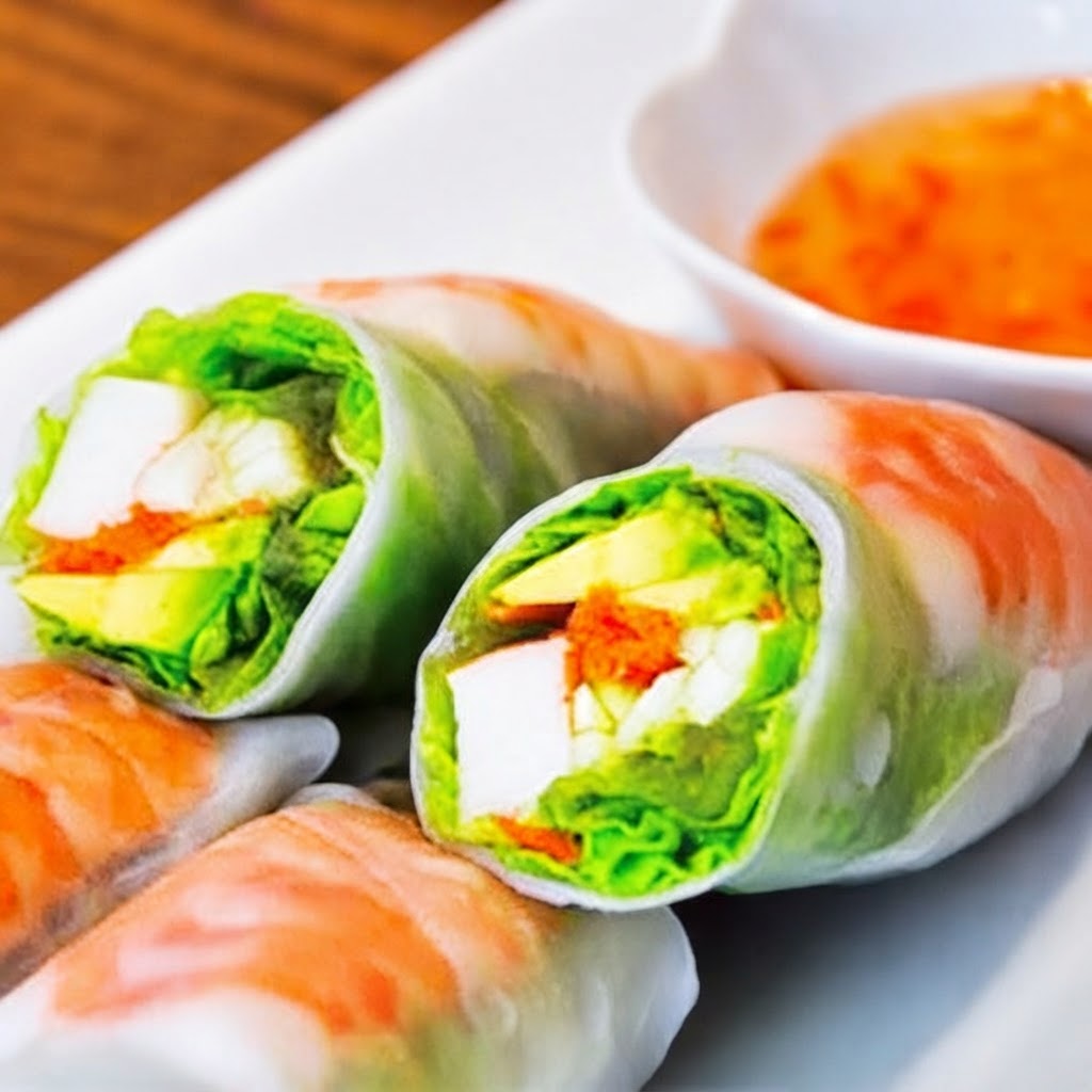 Spring Wrap — Imitation crab stick, shrimp, avocado, cucumber, carrot, lettuce, sweet chili sauce | Sarah Sushi Sushi Wraps & Burritos
