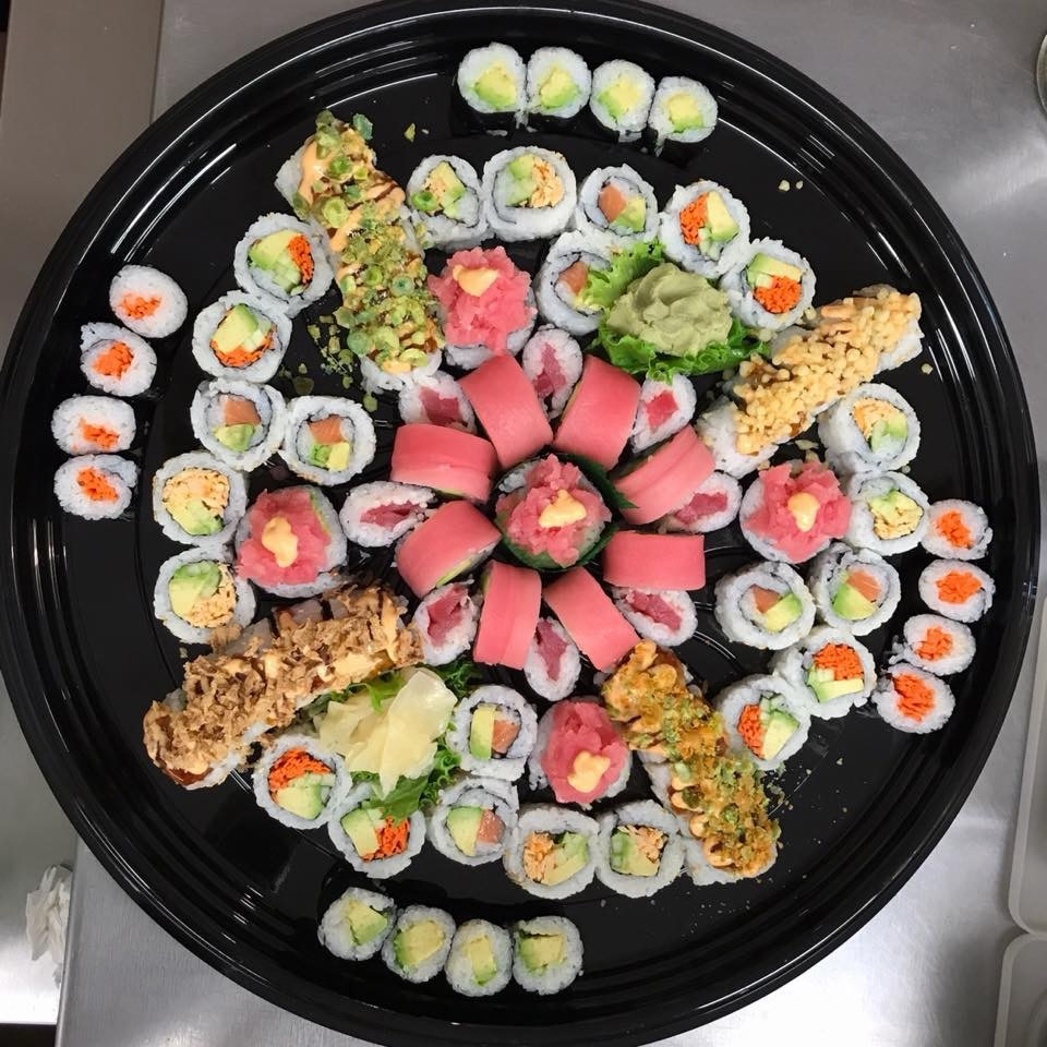 Golden Sakura Platter — 56 pieces — 10 Rainbow, 10 Vegetables, 8 Tuna & Salmon Maki, 10 Golden Crispy, 10 Salmon Avocado, 10 Spicy California, 8 Veggie Maki | Sarah Sushi Platters