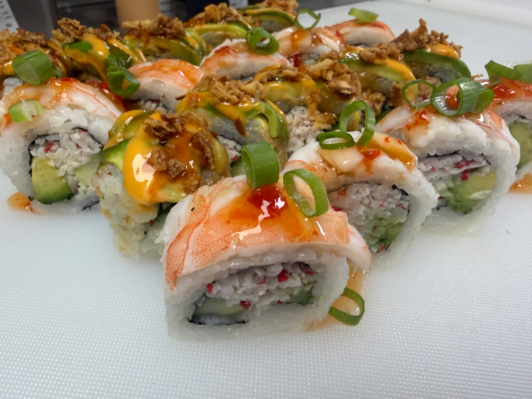 Cooked Combo — 20 pieces — imitation crab stick, crab salad, shrimp, avocado, cucumber, fried onion, spicy mayo, sushi sauce | Sarah Sushi Sushi Combos