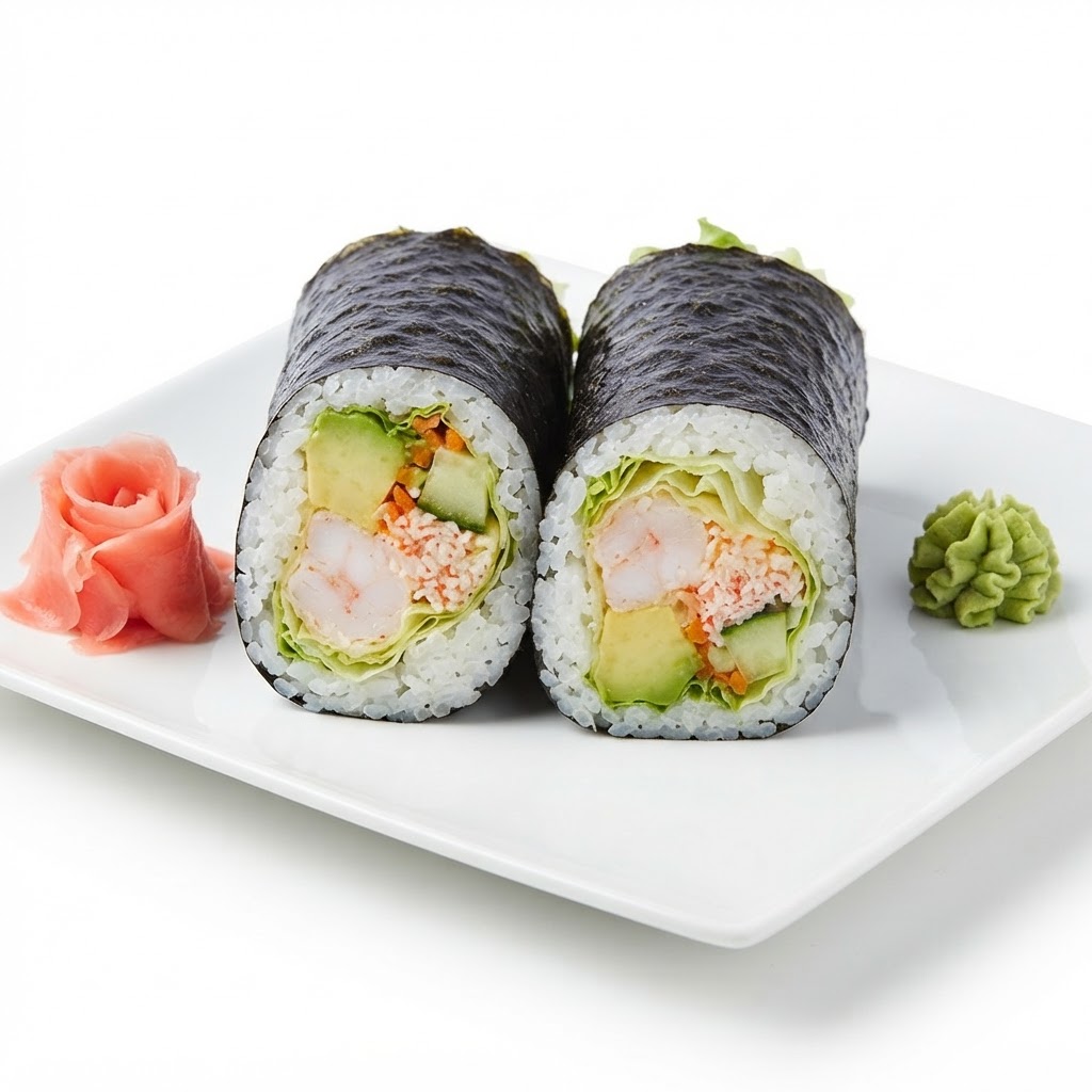 Crab & Shrimp Burrito — Imitation crab stick, shrimp, sushi rice, avocado, carrot, cucumber, lettuce, spicy mayo, sushi sauce | Sarah Sushi Sushi Wraps & Burritos