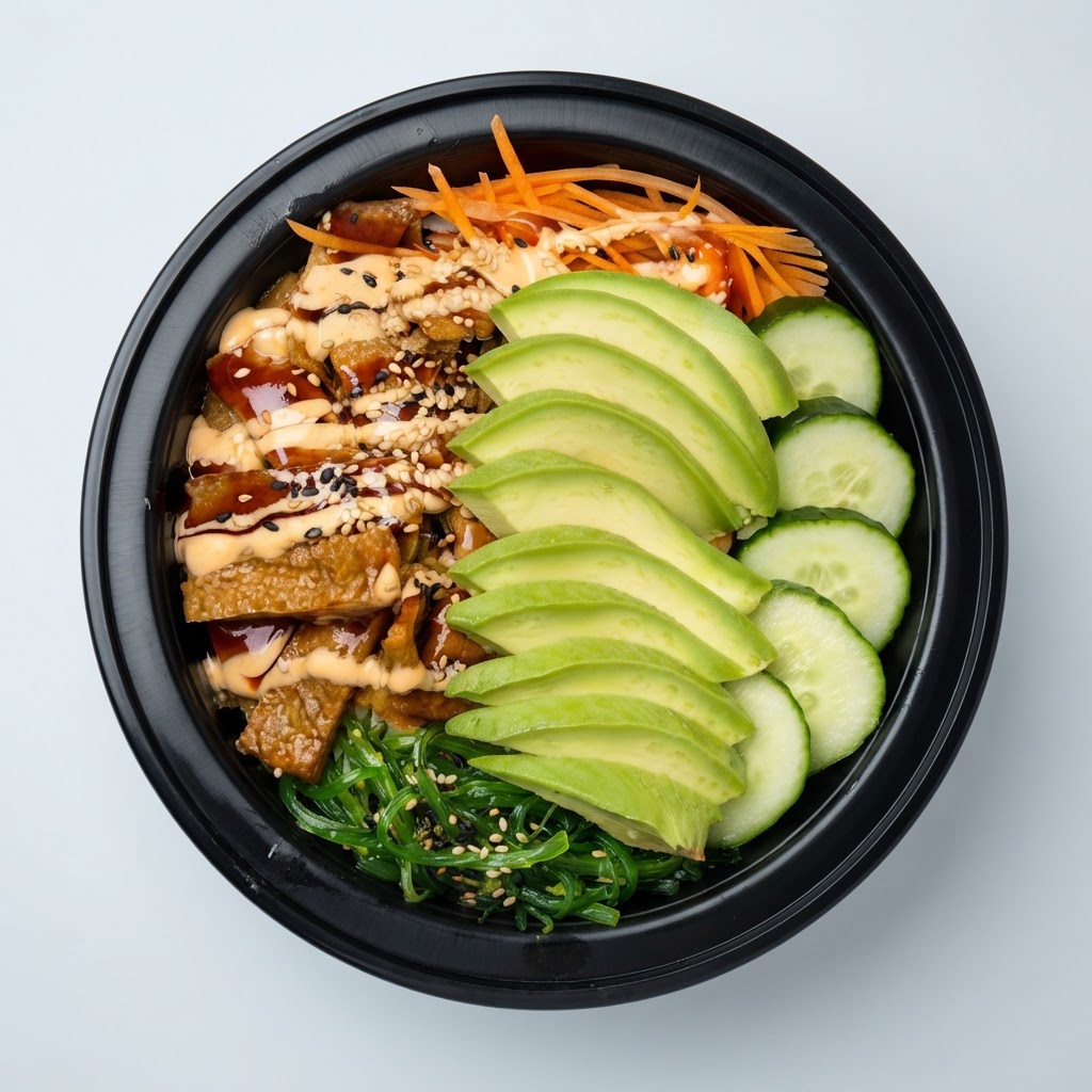 Veggie Bowl — Sushi rice, carrot, cucumber, avocado, inari tofu, sesame seed, spicy mayo, sushi sauce, seaweed salad | Sarah Sushi Bowls & Poke