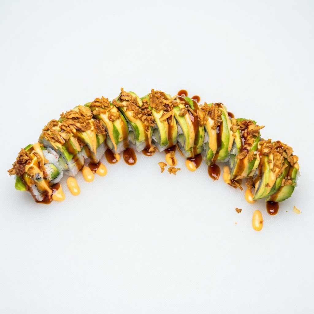 Crunchy Caterpillar Roll — Imitation crab salad, cucumber, avocado, spicy mayo, sushi sauce, fried onion | Sarah Sushi Specialty Rolls