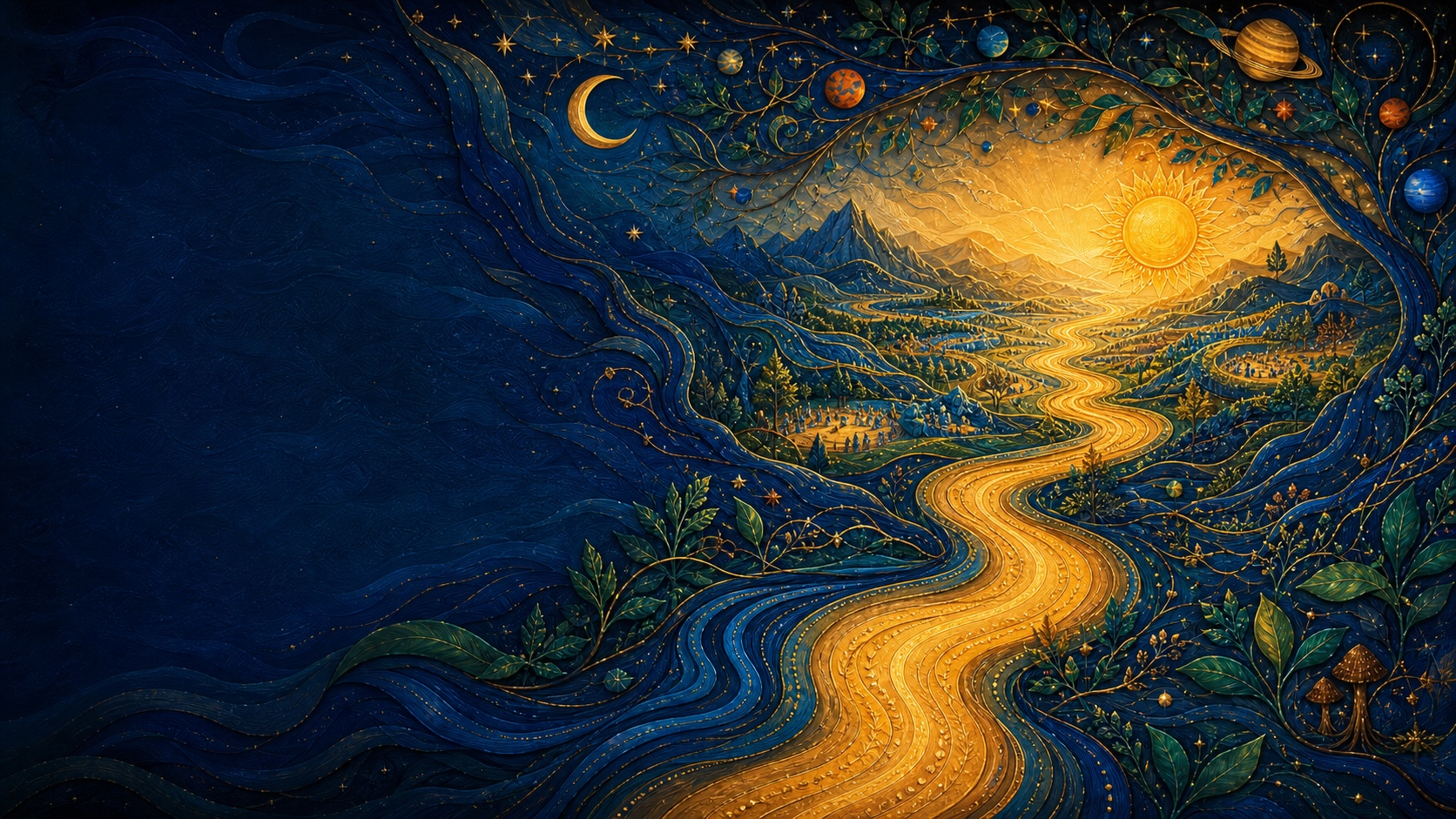 A long woven landscape of rivers, forest paths, and gathering circles stretching toward the first light