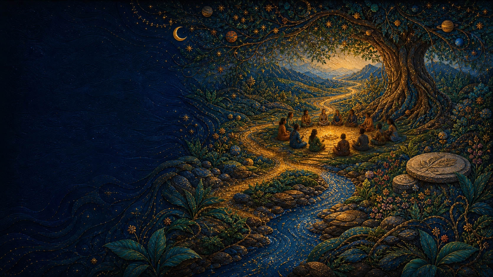 A diverse group gathered in a quiet circle beside a river at twilight