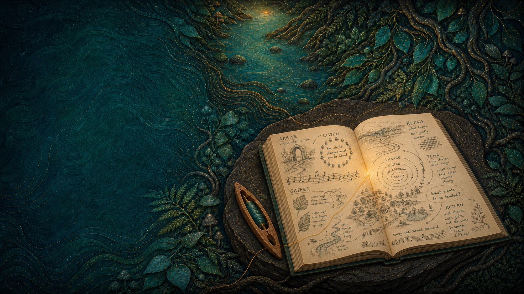 An open clothbound journal on a wooden table overlooking a river valley at dawn