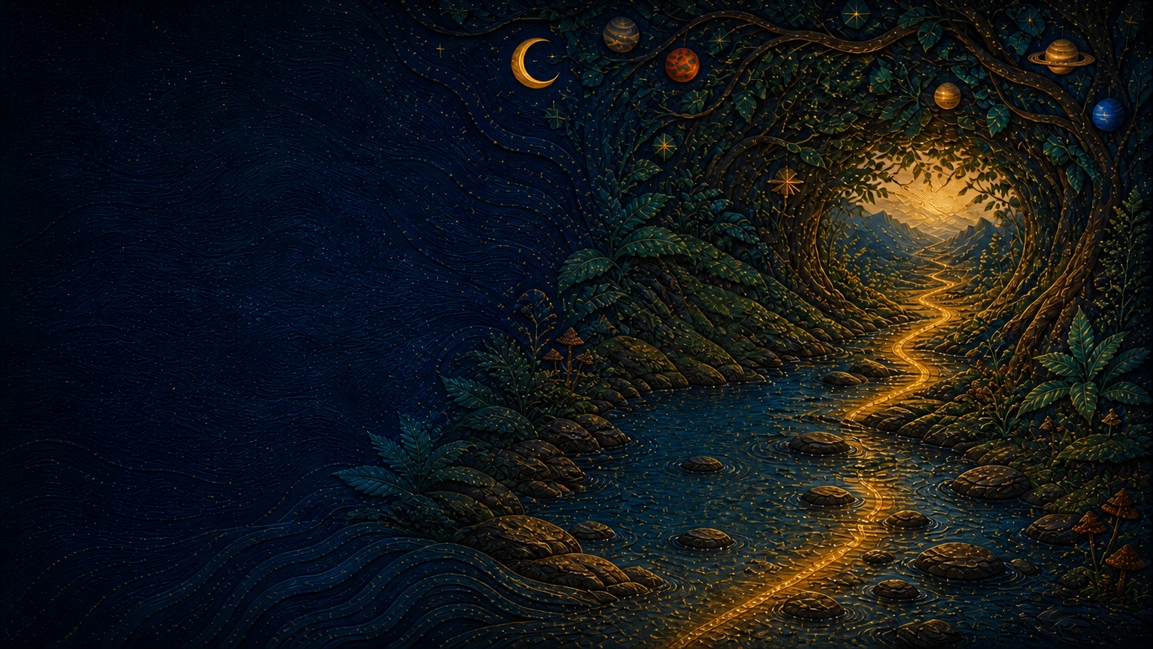 A living landscape of rivers, woven paths, forests, and people gathering in circles at dawn