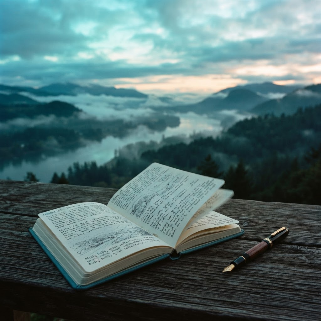 An open clothbound journal on a wooden table overlooking a misty river valley at dawn