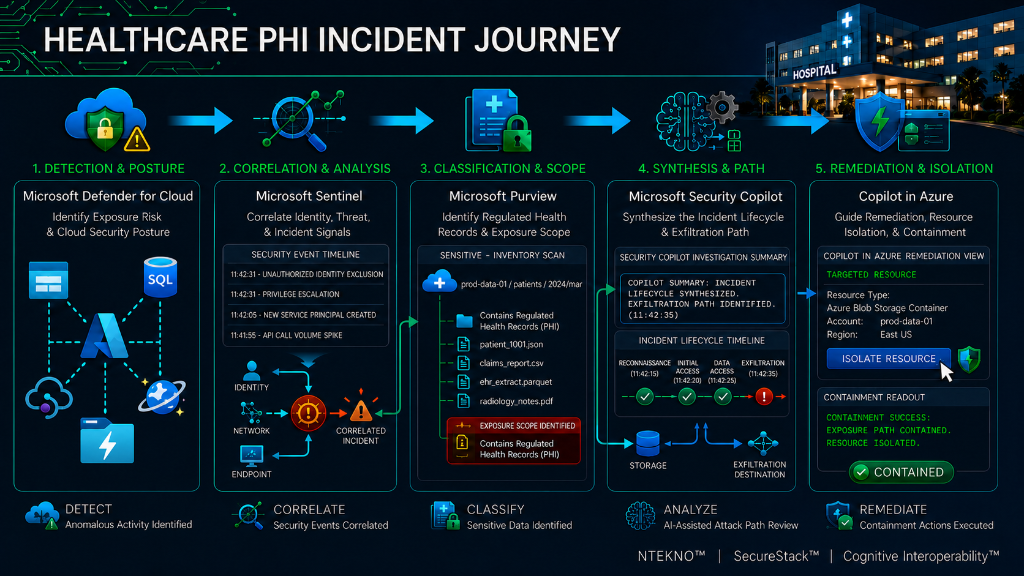 Healthcare PHI Incident Journey showing the Code Red workflow across Microsoft Defender for Cloud, Microsoft Sentinel, Microsoft Purview, Microsoft Security Copilot, and Copilot in Azure.