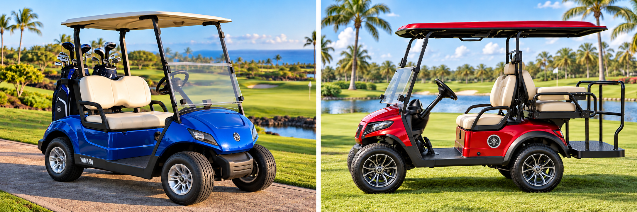 Yamaha golf carts available for rental - blue 2-seat and red 4-seat models