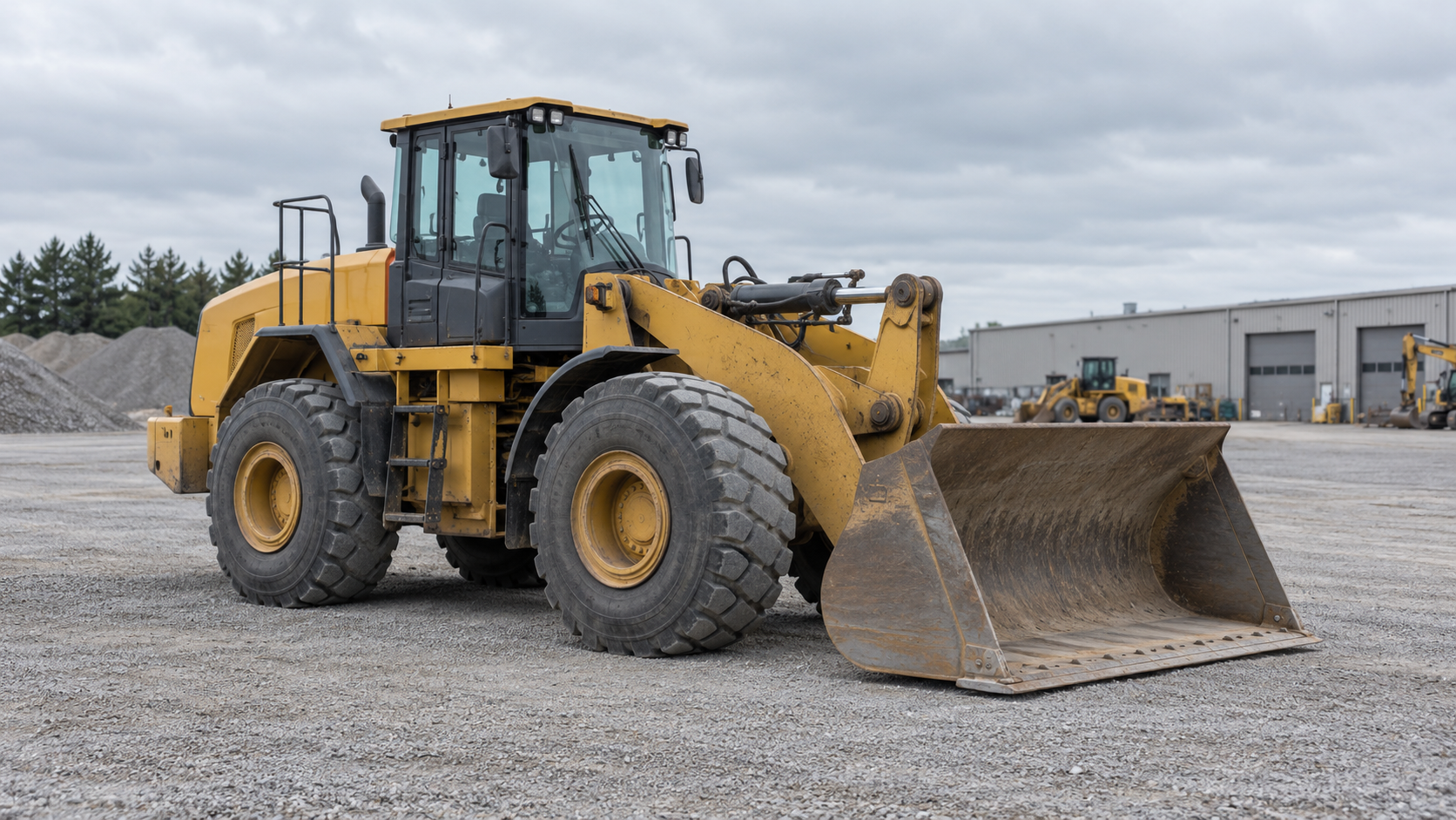 A yellow wheel loader with its bucket lowered on a gravel equipment yard in front of an industrial service building.