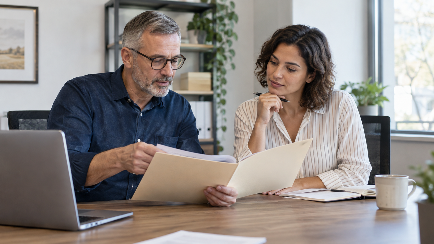 Two business professionals reviewing a folder of financial documents.