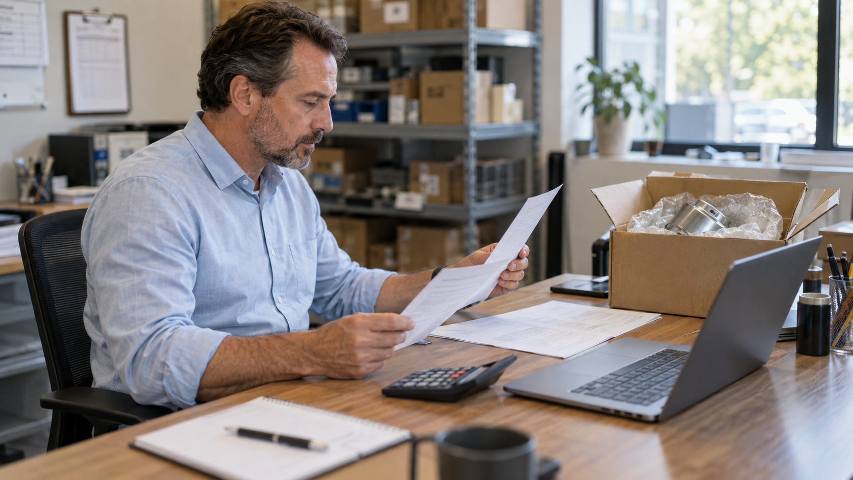 A man reviewing paperwork beside a laptop, calculator and an open carton containing a metal component.