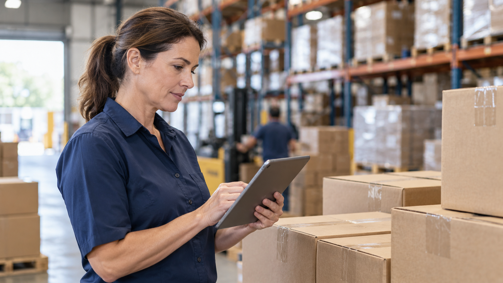 A warehouse worker reviewing a tablet beside shipping cartons and stocked shelves.