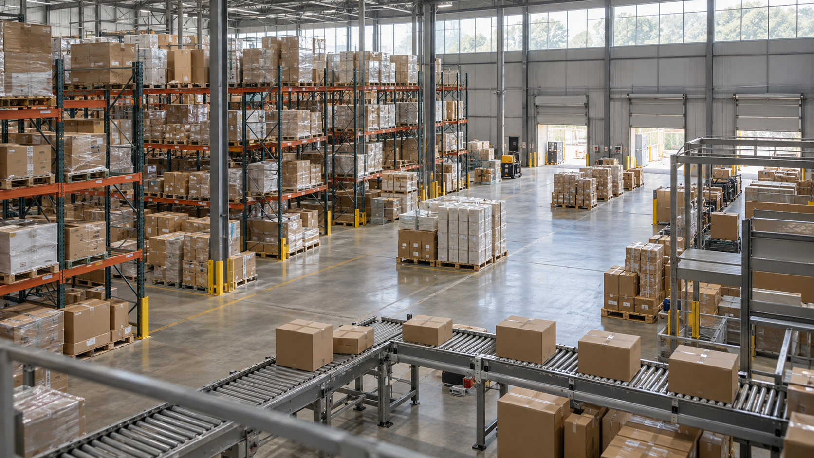 An elevated view of a distribution warehouse with pallet racks, wrapped cartons and boxes on roller conveyors.