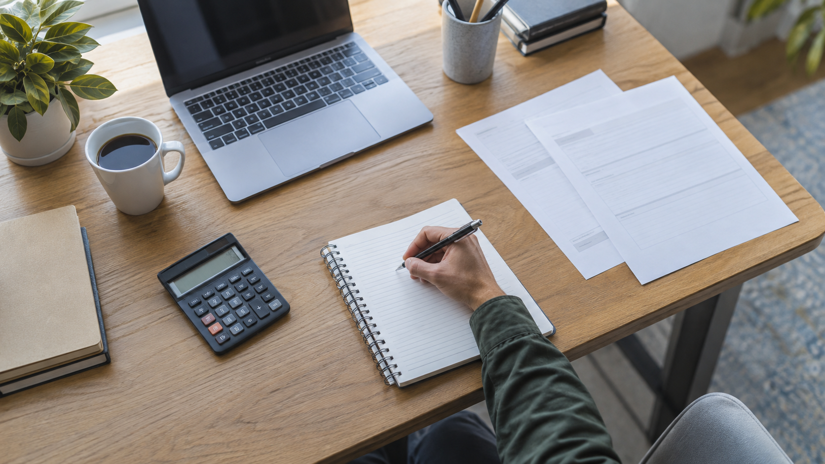 A hand writing in a notebook beside a calculator, laptop and financial papers.