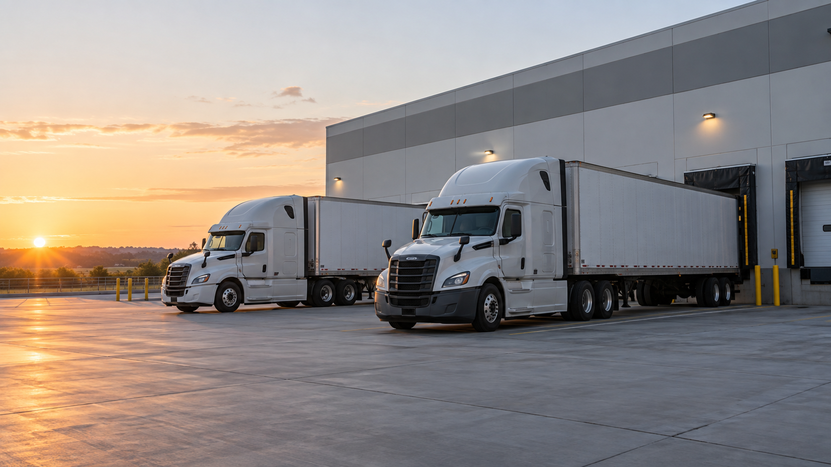 Two commercial trucks parked beside warehouse loading docks at sunrise.