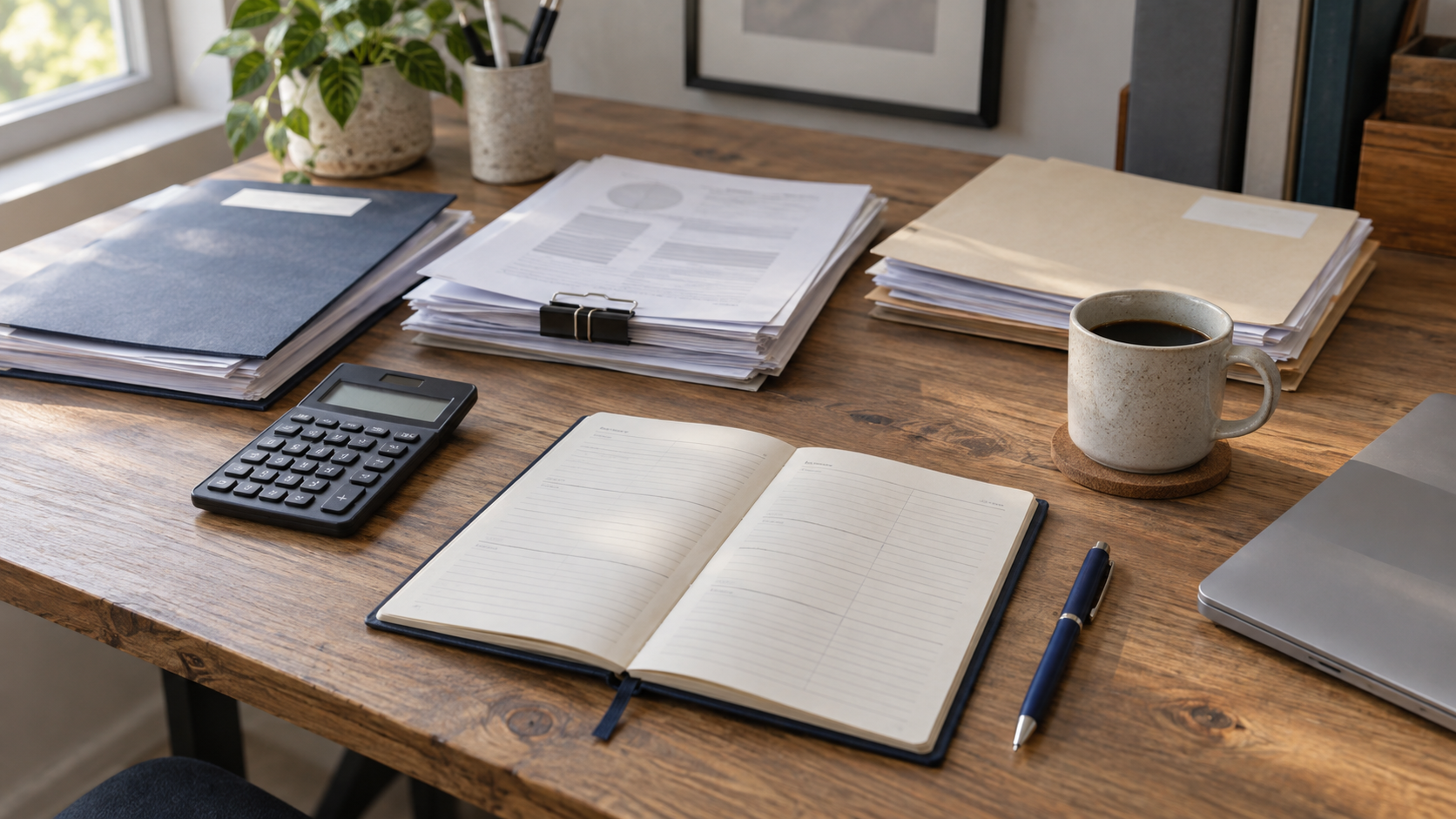 An open planner, calculator, folders and financial paperwork arranged on a wooden office desk.