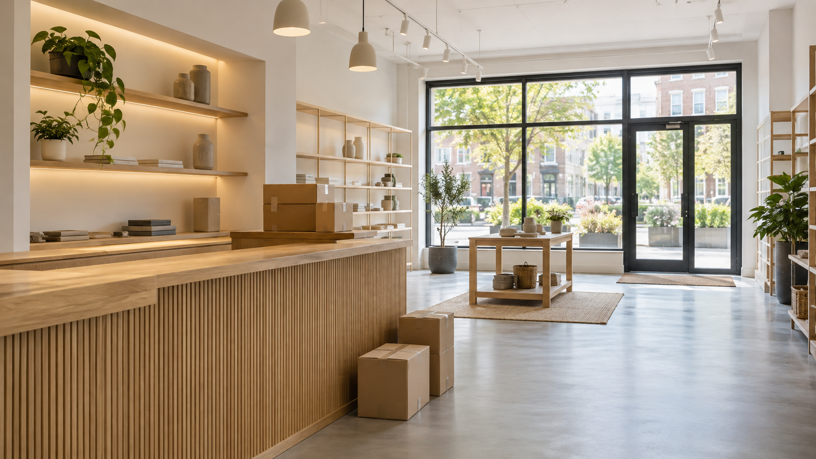 A sunlit retail interior with an oak counter, display shelves and sealed cartons beside large storefront windows.