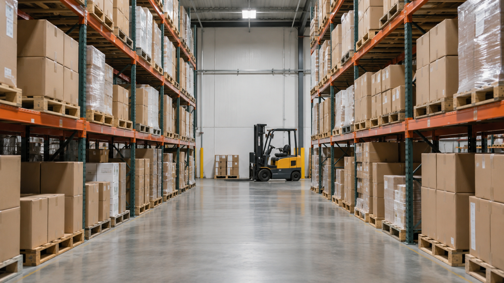 Boxed inventory on warehouse shelves with a forklift in the aisle.