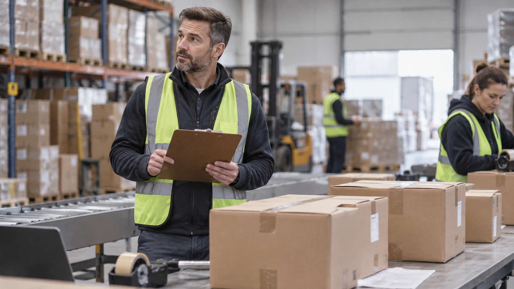 A warehouse manager holding a clipboard beside boxes ready for dispatch.