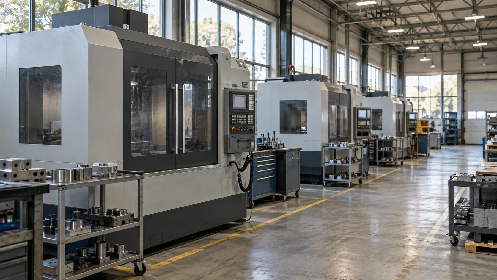 Enclosed CNC machines and metal workpiece carts beside a clear aisle in a naturally lit manufacturing facility.