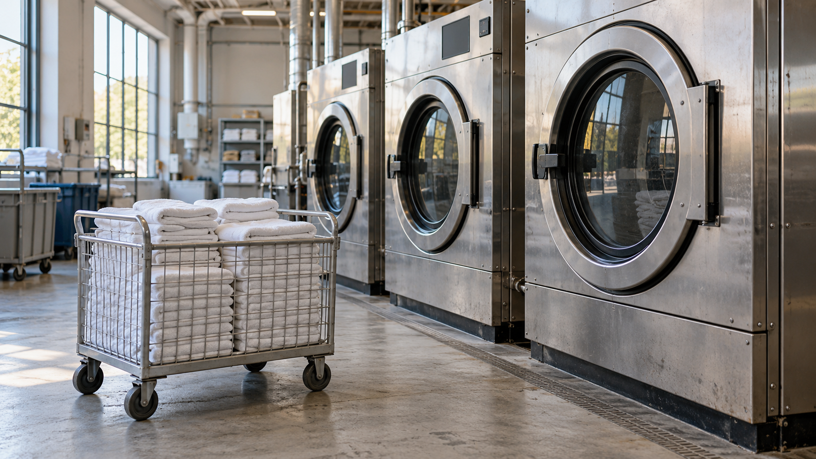 Stainless-steel industrial laundry machines beside a wheeled cart of folded white towels in a naturally lit facility.