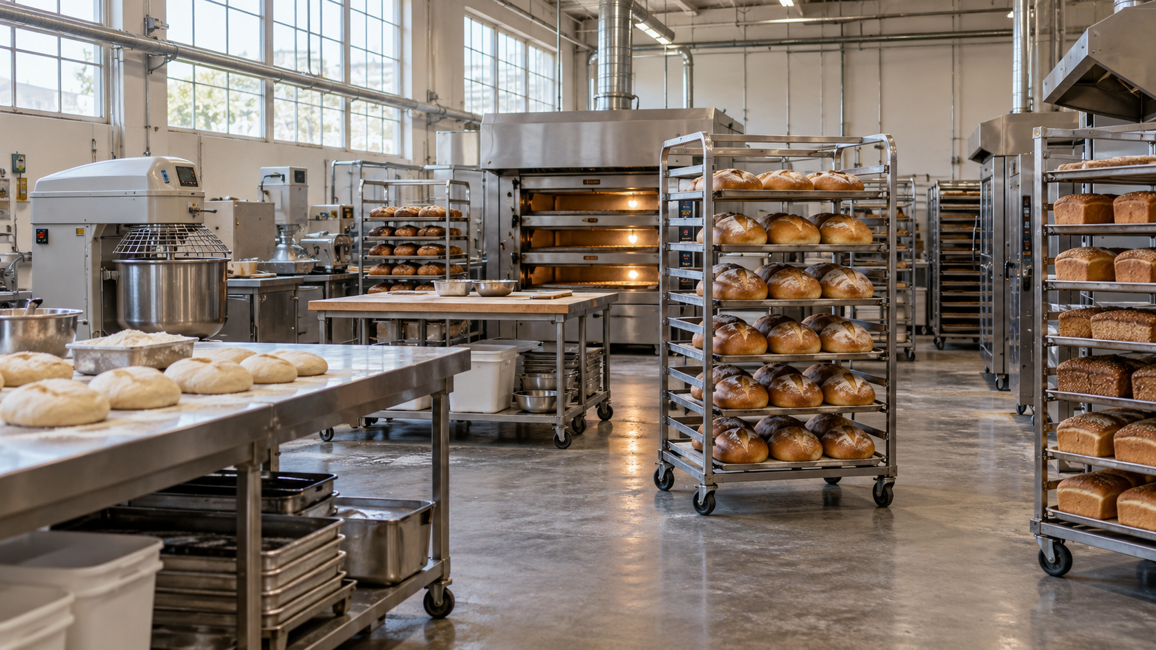 Bread-filled cooling racks, stainless steel worktables and commercial ovens in a bakery lit by tall factory windows.
